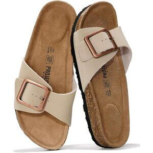 Womens Leather Sandals Suede Insole Cork Footbed Slides Summer Flip Flops